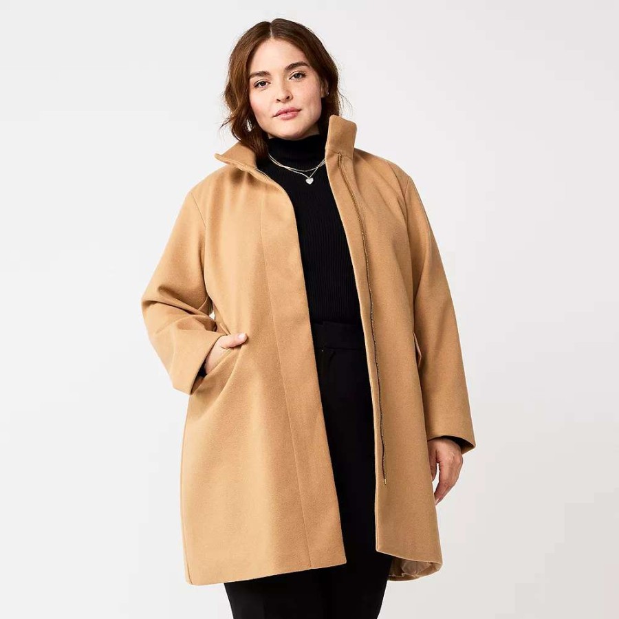 Clothing * | Plus Size Nine West Faux-Wool Car Coat Light Camel