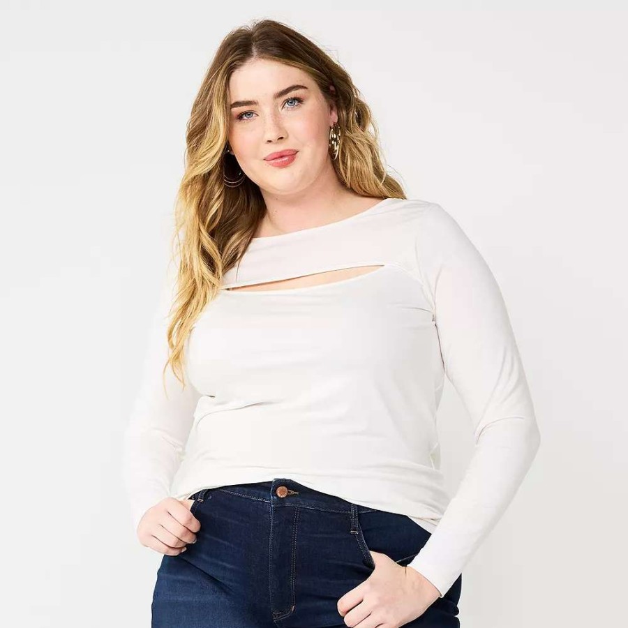 Clothing * | Plus Size Nine West Fitted Long Sleeve Cutout Top