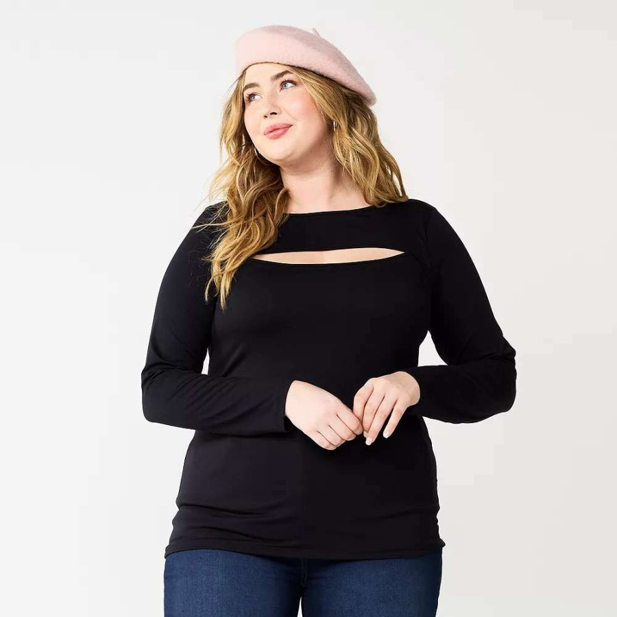 Clothing * | Plus Size Nine West Fitted Long Sleeve Cutout Top