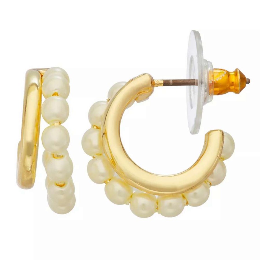 Jewelry * | Nine West Gold Tone And Simulated Pearl Two-Row C-Hoop Earrings