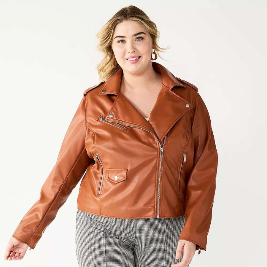 Clothing * | Plus Size Nine West Faux-Leather Moto Jacket