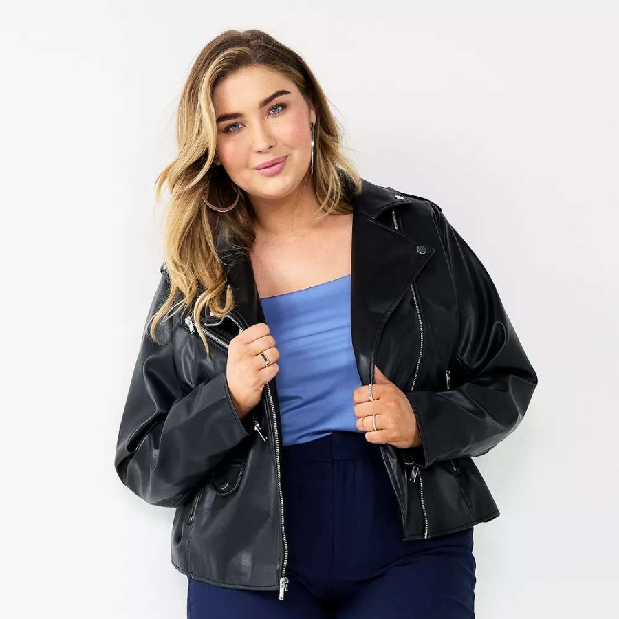 Clothing * | Plus Size Nine West Faux-Leather Moto Jacket