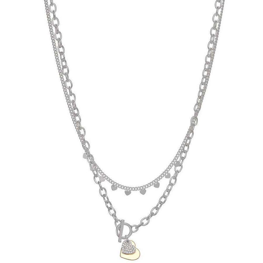 Jewelry * | Nine West Silver Tone Double Row Heart Charm Necklace