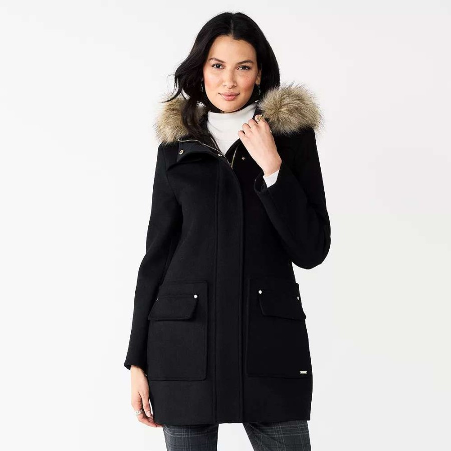 Clothing * | Women'S Nine West Faux-Fur Hood Quilted Duffle Coat