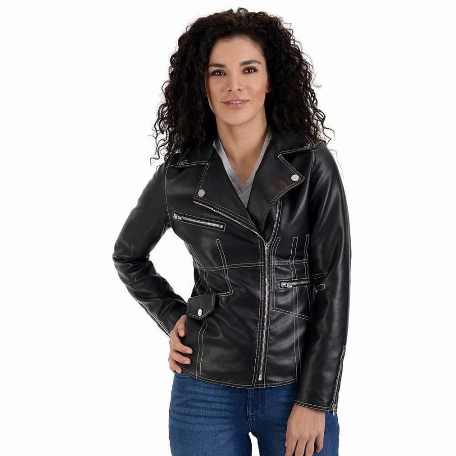 Clothing * | Women'S Nine West Faux-Leather Biker Jacket Black