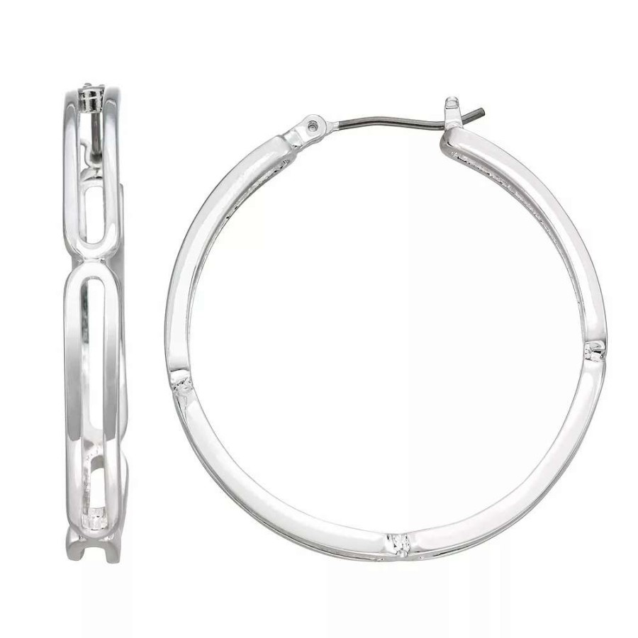 Jewelry * | Nine West Large Link Hoop Earrings Silver Tone