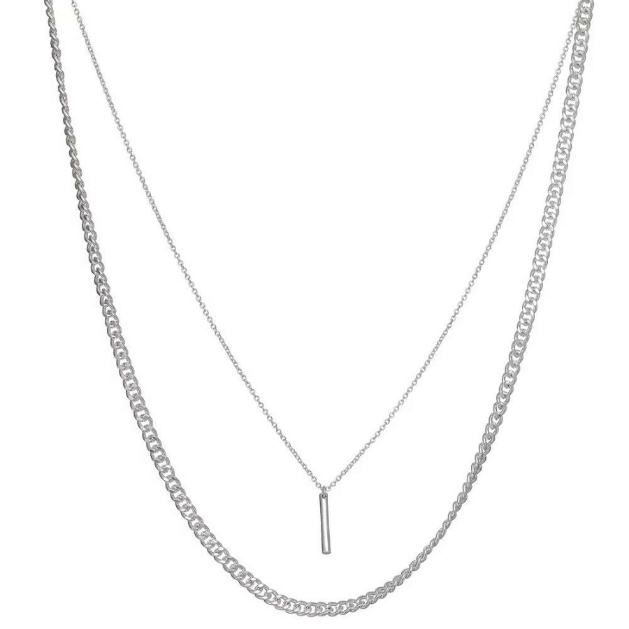 Jewelry * | Nine West Silver Tone Layered Chain Bar Pendant Necklace