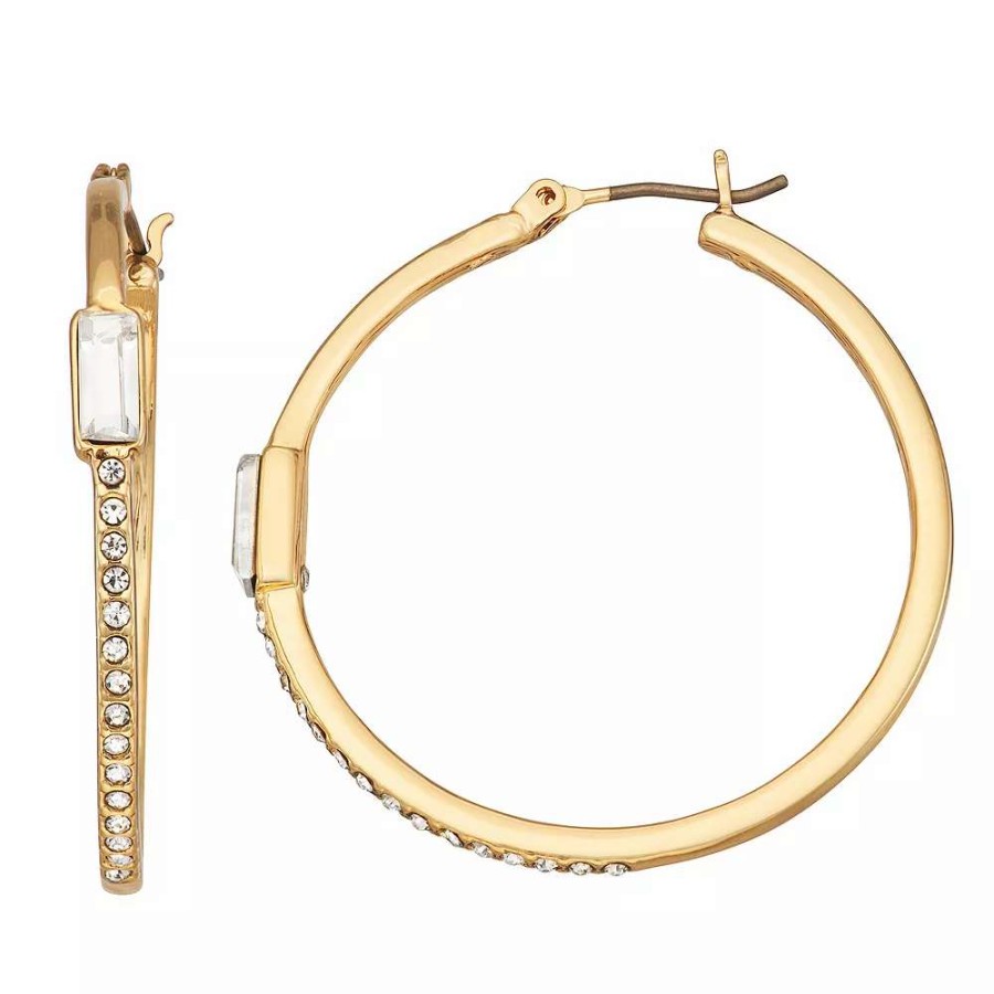 Jewelry * | Nine West Gold Tone Crystal Pave & Baguette Hoop Earrings