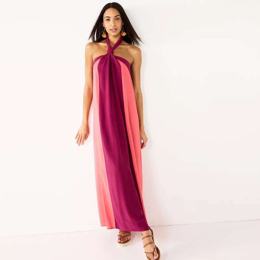 Clothing * | Women'S Nine West Halter Neck Colorblock Maxi Dress