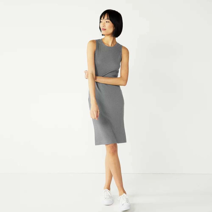 Clothing * | Women'S Nine West Rib Crewneck Sleeveless Midi Dress