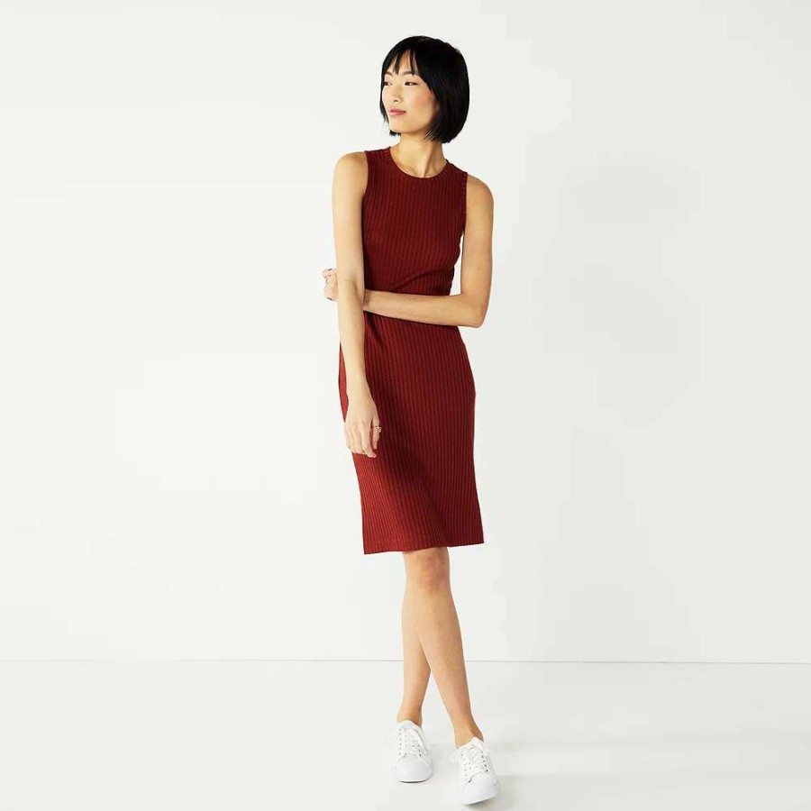 Clothing * | Women'S Nine West Rib Crewneck Sleeveless Midi Dress