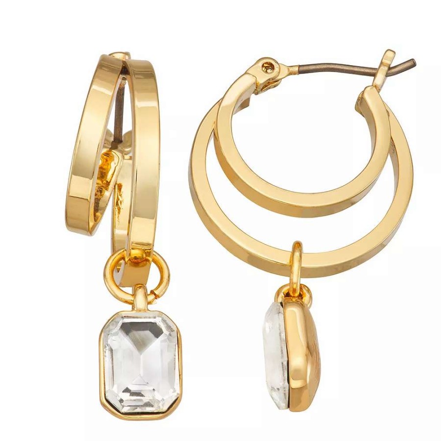 Jewelry * | Nine West Gold Tone Crystal Double-Layer Drop Hoop Earrings